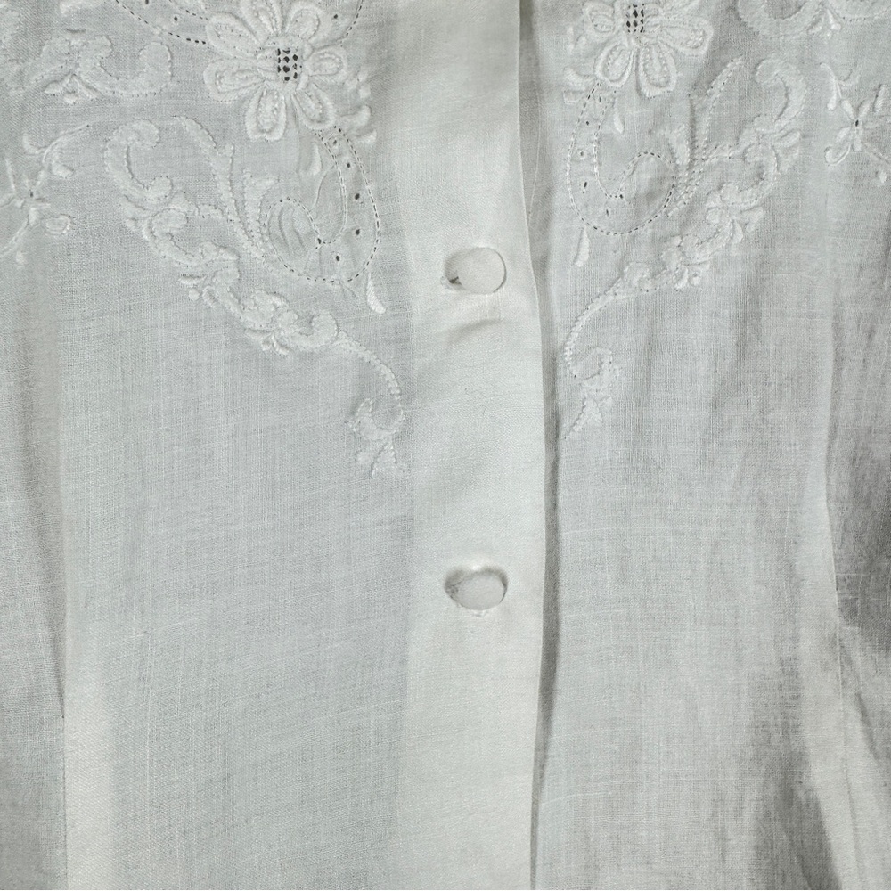Vintage Ivory Linen Embroidered Button Blouse XL Short Sleeve Summer Cottagecore - Picture 10 of 16